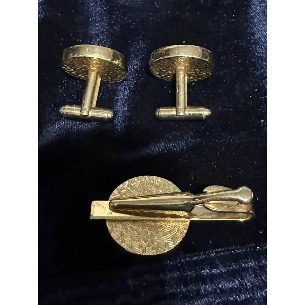 Men's Gold Tone Round T-Bar Cufflinks & Tie Clip Set Metal No Stone